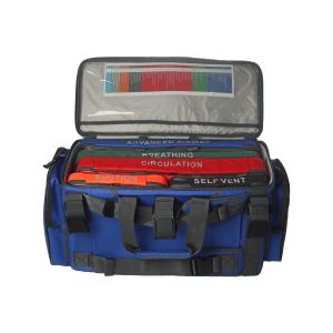 Blue Critical Care Patient Transfer Bag – durable transfer bag and professional equipment bag featuring labelled medical pouches for organised patient transfers.